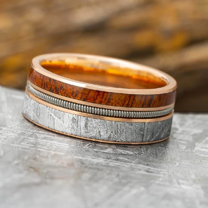 women's engagement rings antique design -Guitar String Wedding Band With Wood & Meteorite