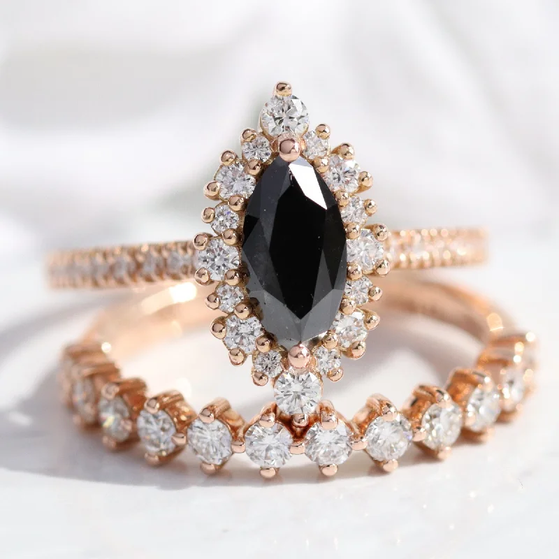 women's engagement rings with side stones -Tiara Halo Marquise Ring Bridal Set w/ Black Diamond and 4 Prong Wedding Band