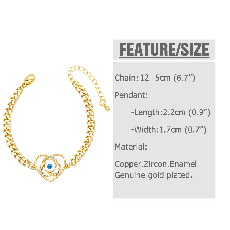 women's bracelets personalized initial charm -Vintage Style Simple Style Heart Shape Eye Copper Plating Inlay Zircon 18k Gold Plated Bracelets