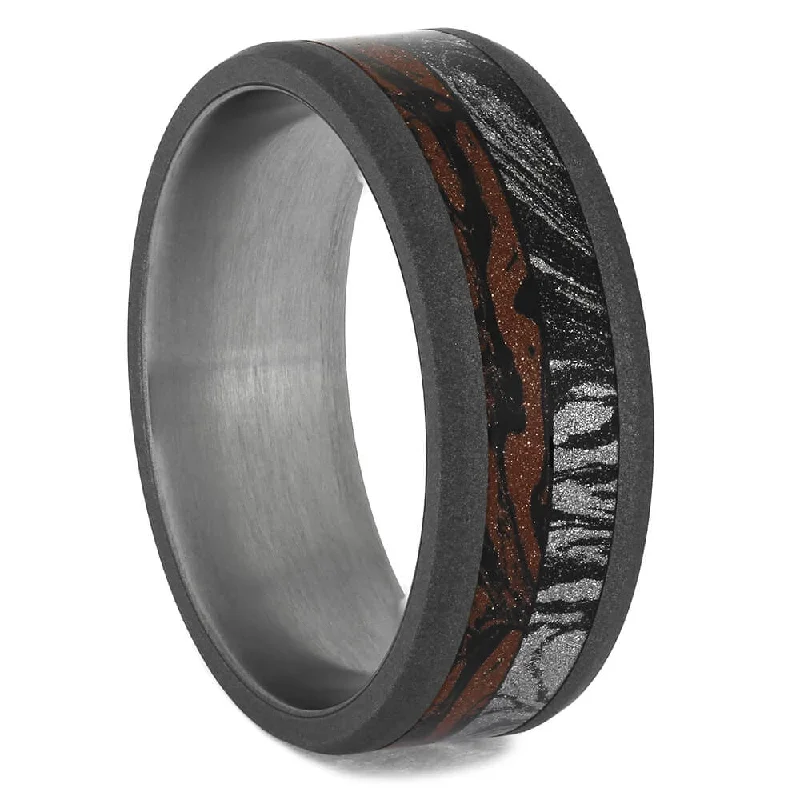 women's engagement rings romantic round cut -Sandblasted Wedding Band with Red, Black, and White Mokume