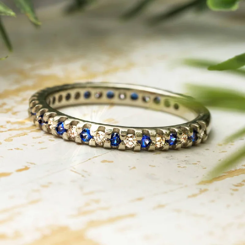 women's engagement rings white diamond -Blue Sapphire Wedding Band with Alternating Diamonds