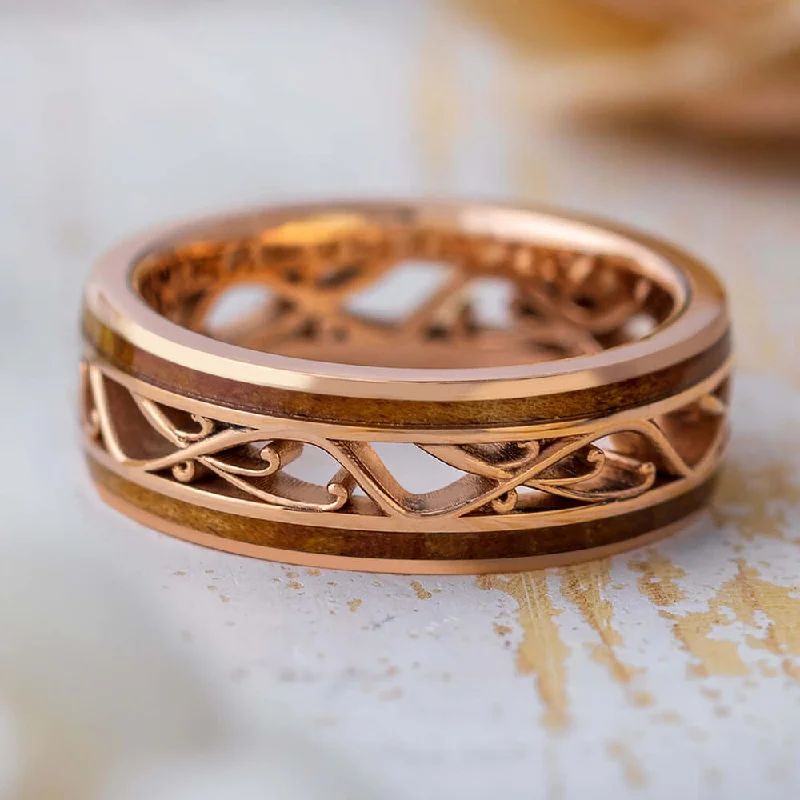 women's engagement rings statement solitaire -Filigree Wedding Band with Wood Inlays