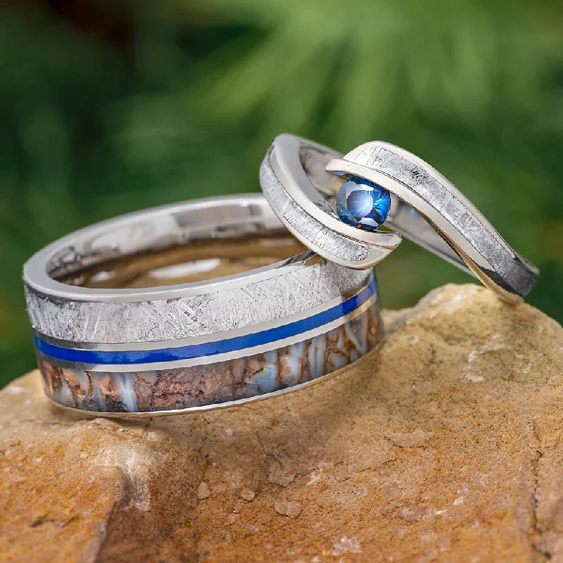 women's engagement rings radiant cut -Meteorite & Dinosaur Bone Wedding Ring Set, Matching Blue Rings