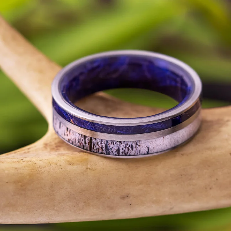 women's engagement rings with diamond accents -Antler Wedding Band with Blue Box Elder Burl Wood