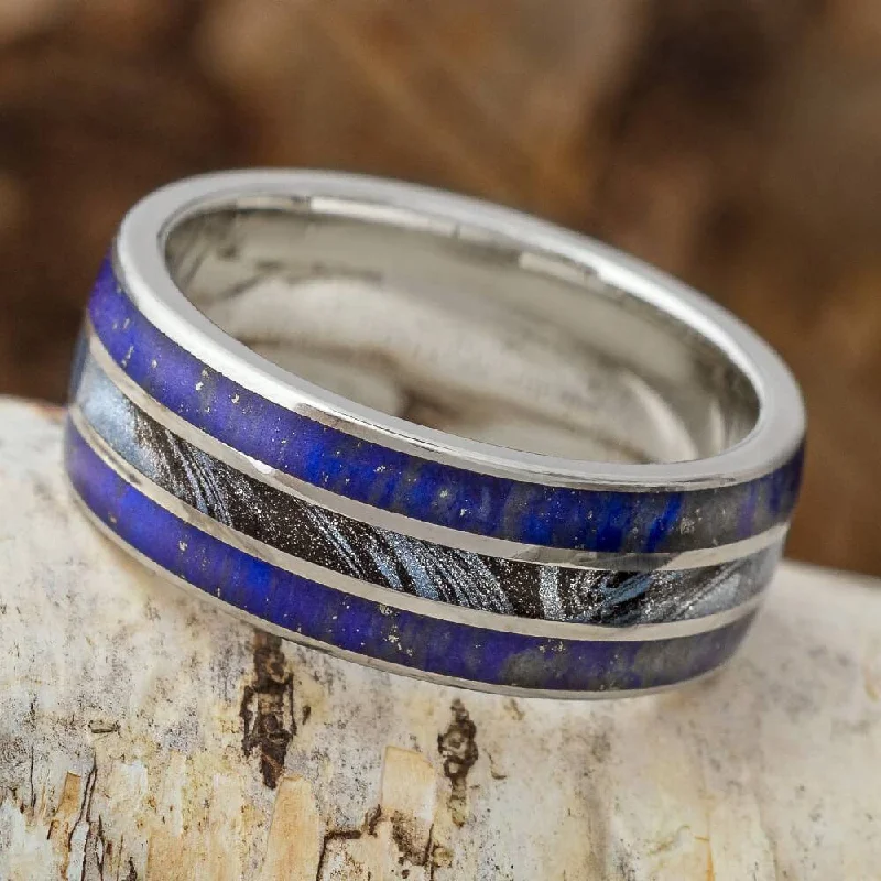 women's engagement rings cushion cut halo -Titanium & Blue Lapis Lazuli Wedding Band with Mokume