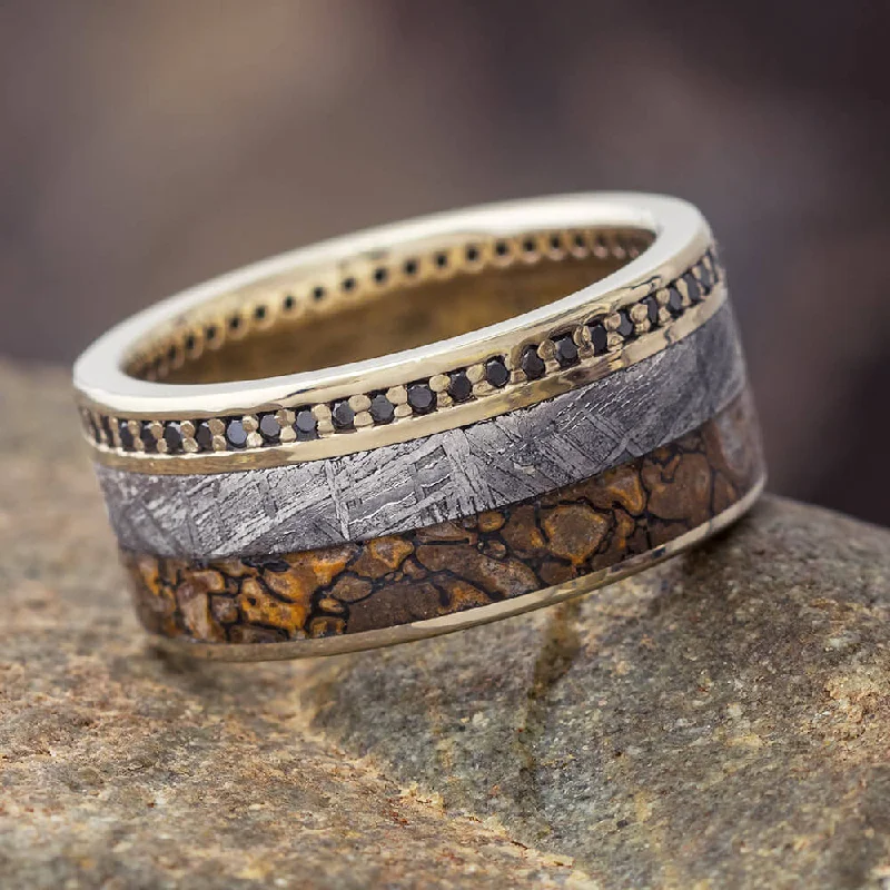 women's engagement rings rose gold diamonds -Black Diamond Eternity Wedding Band with Dinosaur Bone & Meteorite