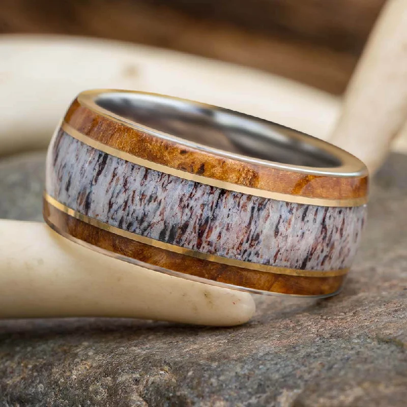 women's engagement rings with unique shape -Thick Wedding Band With Wood, Antler And Bronze Stripes