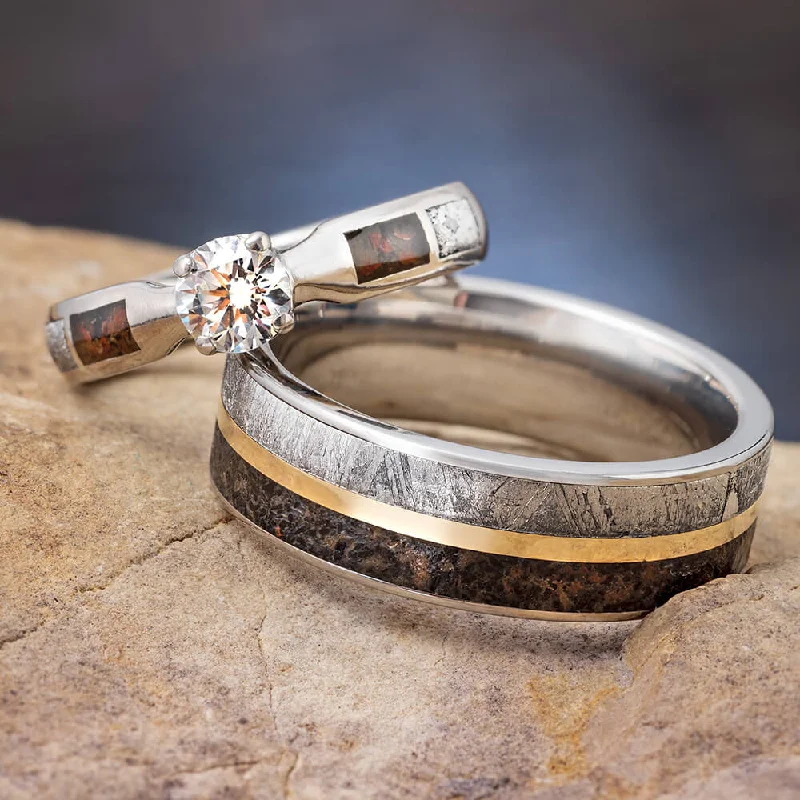 women's engagement rings unique band design -Matching Dinosaur Bone and Meteorite Wedding Ring Set