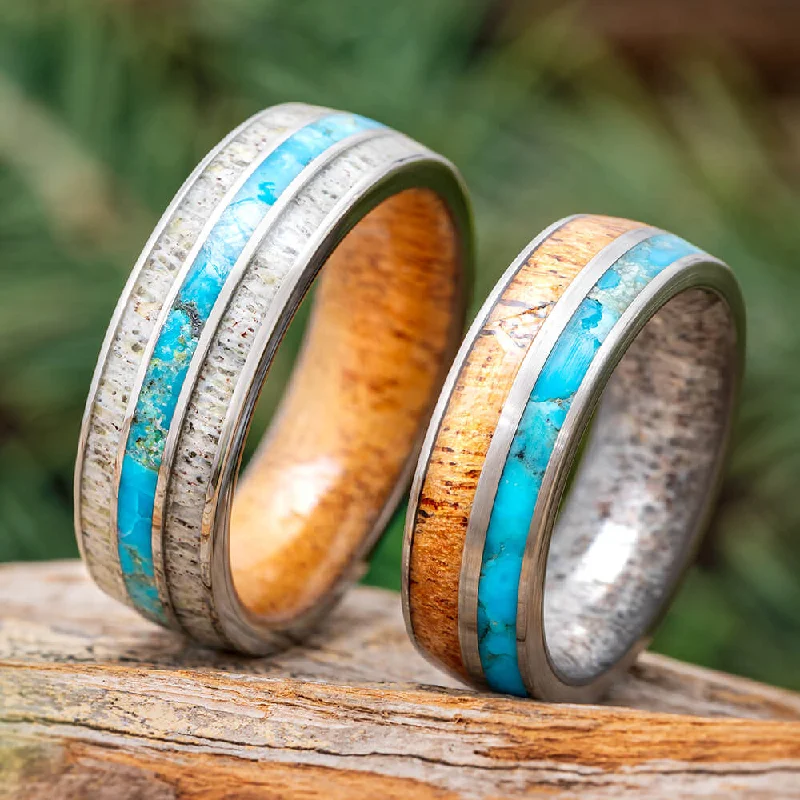 women's engagement rings custom design -Turquoise Wedding Ring Set with Antler and Wood