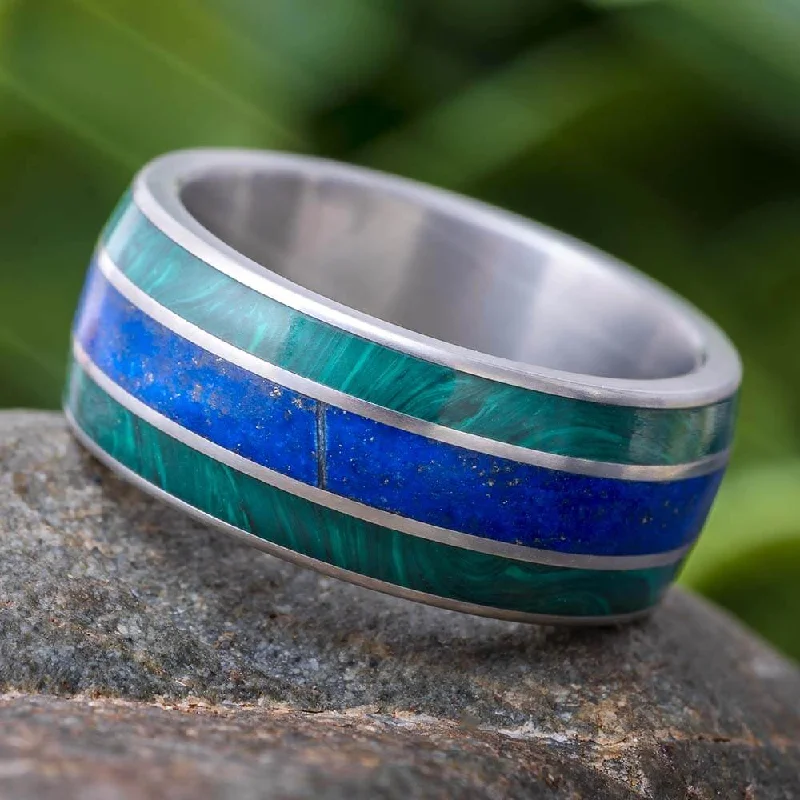 women's engagement rings split shank design -Lapis Lazuli & Malachite Men's Wedding Band