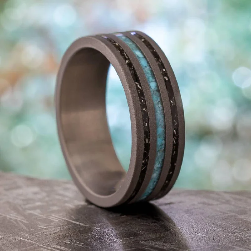 women's engagement rings with side stones -Black Stardust and Turquoise Men's Wedding Band