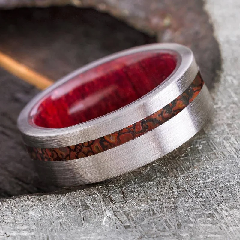 women's engagement rings with halo diamonds -Dinosaur Bone Men's Wedding Band With Wood Inside