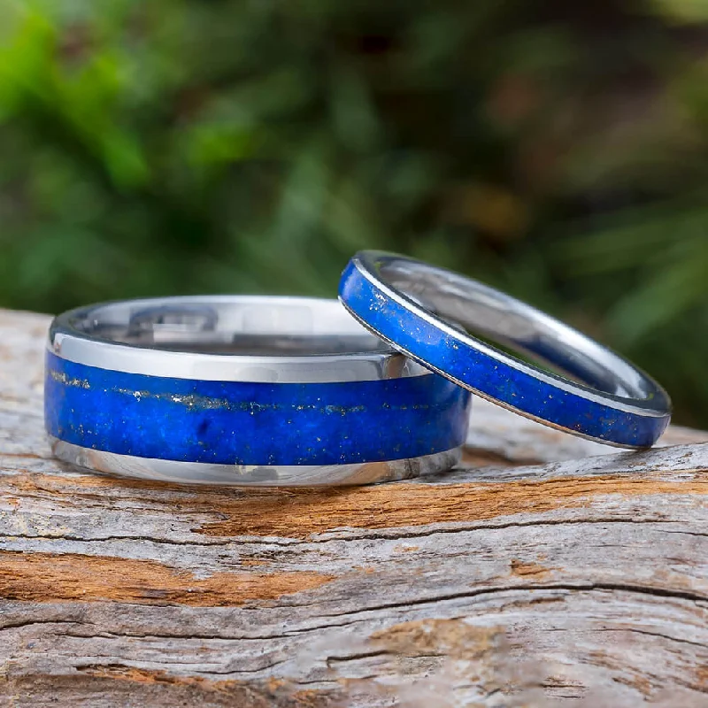 women's engagement rings sapphire center stone -Lapis Lazuli Wedding Band Set, His and Hers Titanium Rings