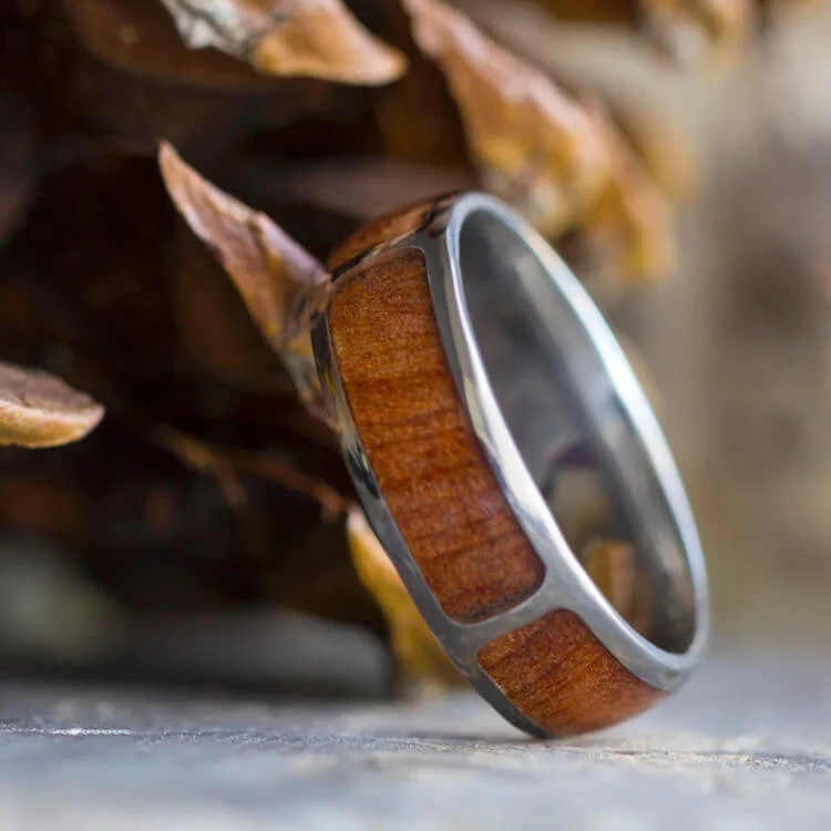 women's engagement rings round cut -Natural Redwood Ring, Titanium Wedding Band with Partial Wood Inlays