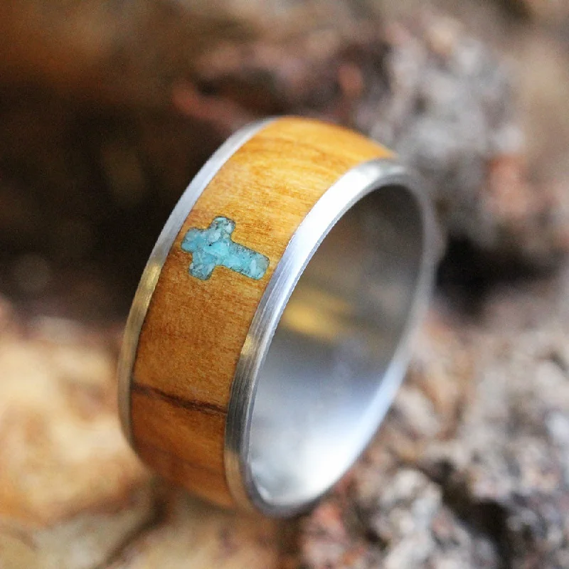 women's engagement rings vintage style -Turquoise Ring with Cross, Wood Wedding Band in Titanium