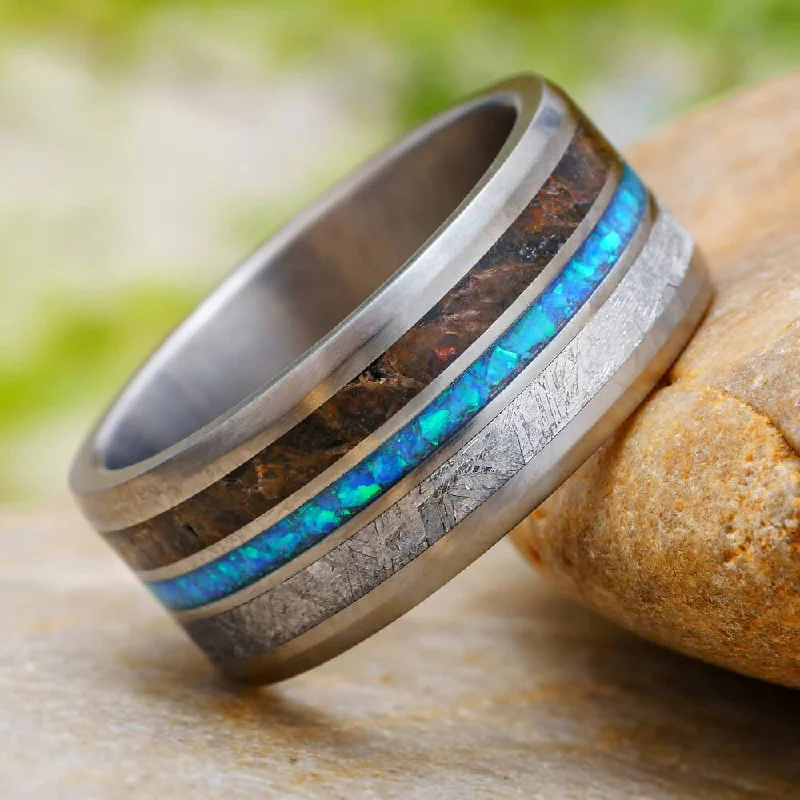 women's engagement rings nature-inspired -Meteorite Wedding Band with Dinosaur Bone and Opal