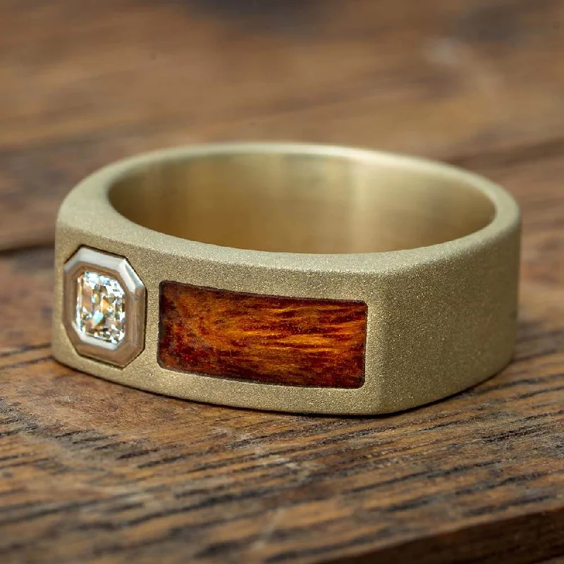 women's engagement rings unique gemstone -Sandblasted Gold Men's Wedding Band With Wood & Diamond