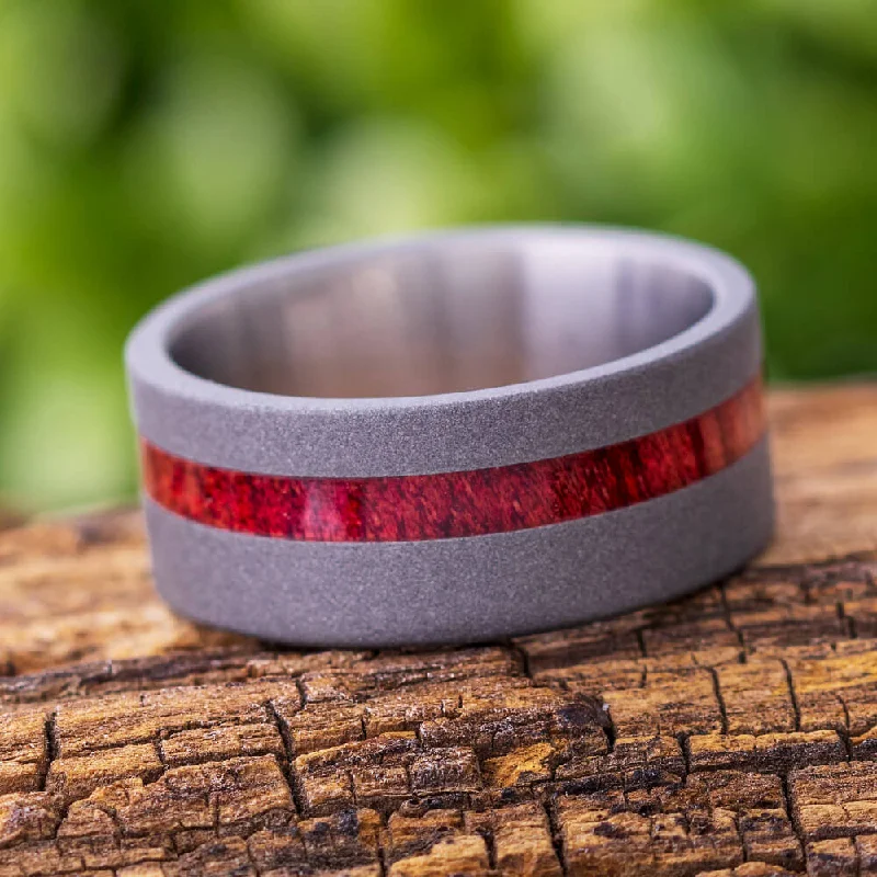 women's engagement rings with emerald -Sandblasted Titanium Wedding Band With A Thin Bloodwood Pinstripe