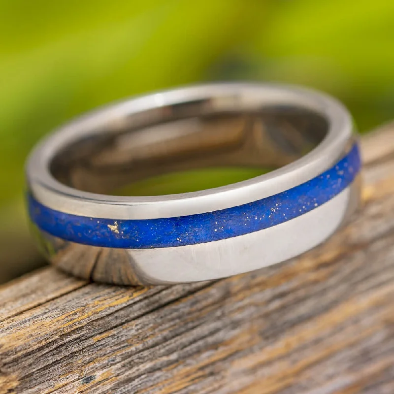 women's engagement rings pear-shaped -Lapis Lazuli Ring, Titanium Wedding Band With Round Profile