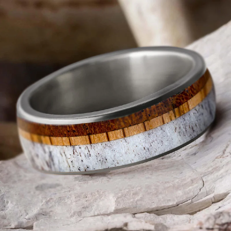 women's engagement rings cushion cut -Two Tone Wood And Deer Antler Men's Wedding Band