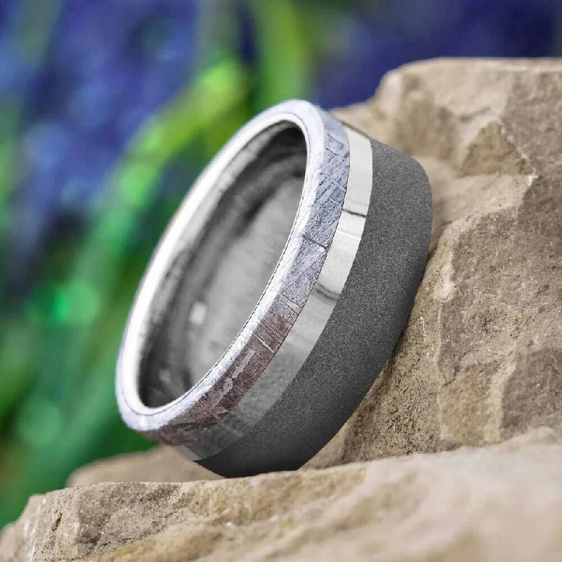 women's engagement rings with side stones -Tungsten Men's Wedding Band With Genuine Meteorite