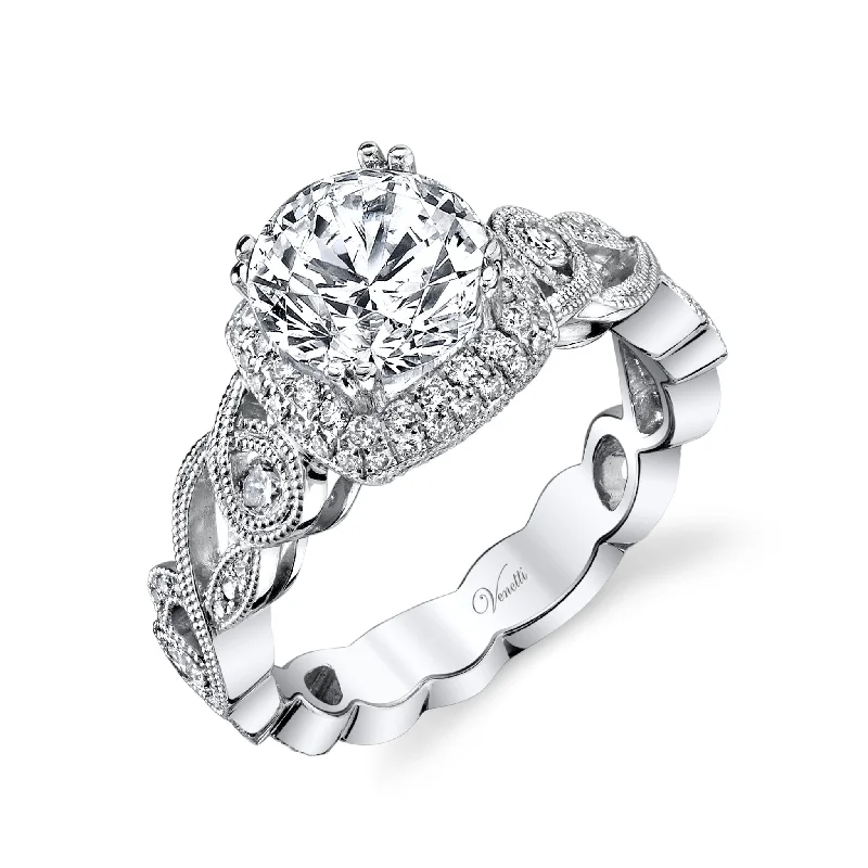 women's engagement rings with vintage diamond -14K White Gold Halo Wedding Set