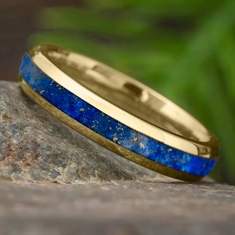 women's engagement rings high-end fashion -Golden Lapis Lazuli Wedding Band for Women