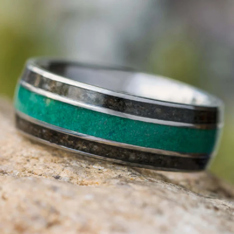 women's engagement rings diamond halo -Men's Tungsten Wedding Band With Malachite & Dinosaur Bone