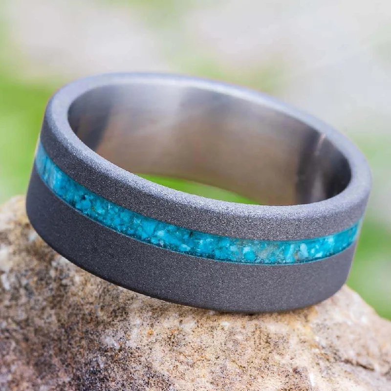 women's engagement rings vintage-inspired -Turquoise Wedding Band With Sandblasted Titanium