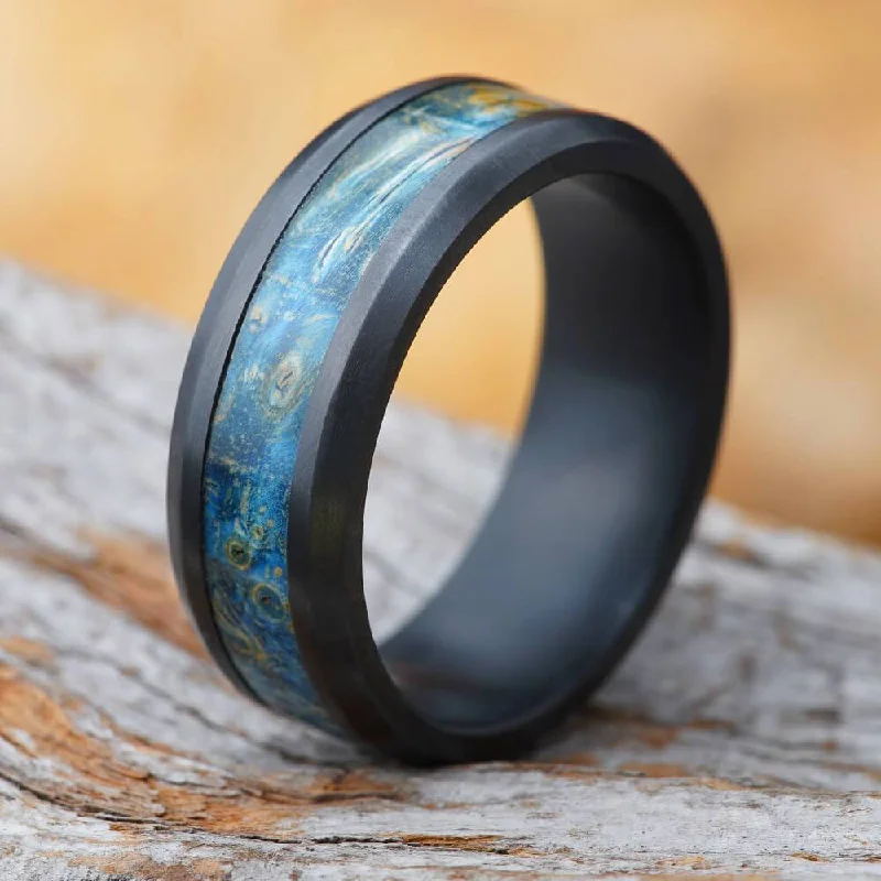 women's engagement rings pear-shaped -Beveled Black Zirconium Wedding Band with Blue Wood