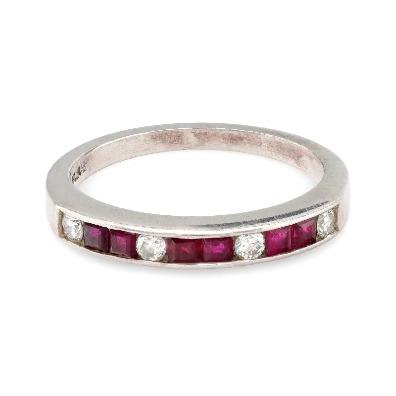 women's engagement rings eco-friendly materials -Mid Century ruby diamond platinum wedding band