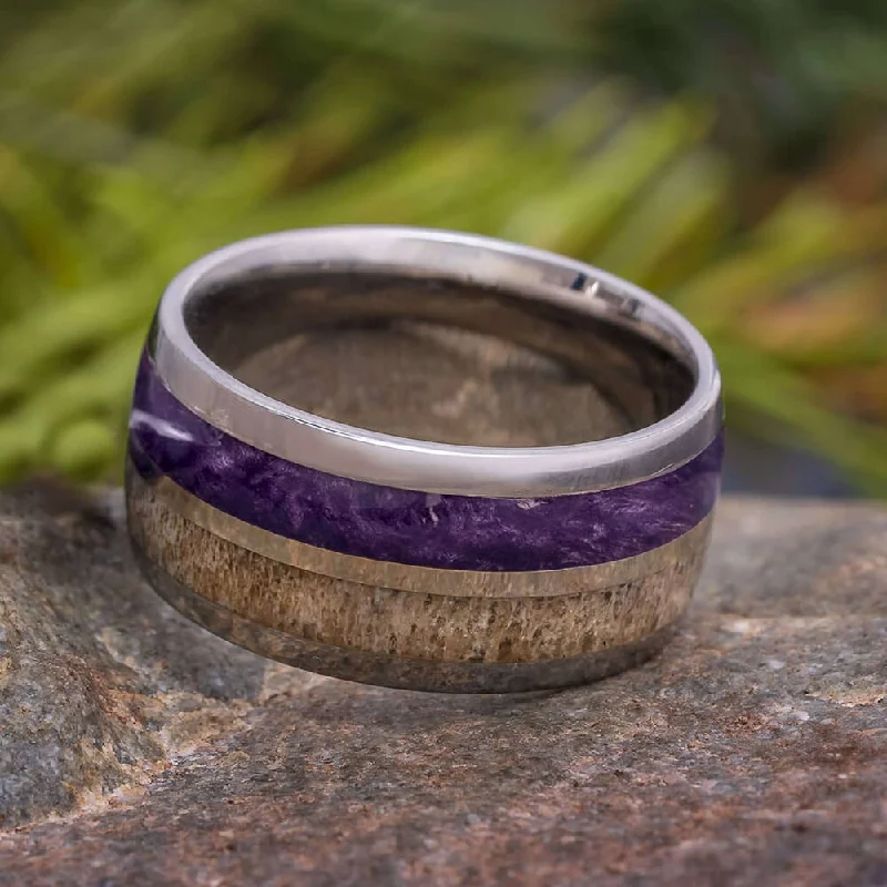 women's engagement rings sapphire halo -Purple Wood and Antler Wedding Band with Gold Pinstripe