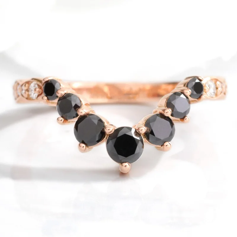 women's engagement rings vintage style -Large 7 Black Diamond Wedding Ring in Deep U Shaped Scalloped Band