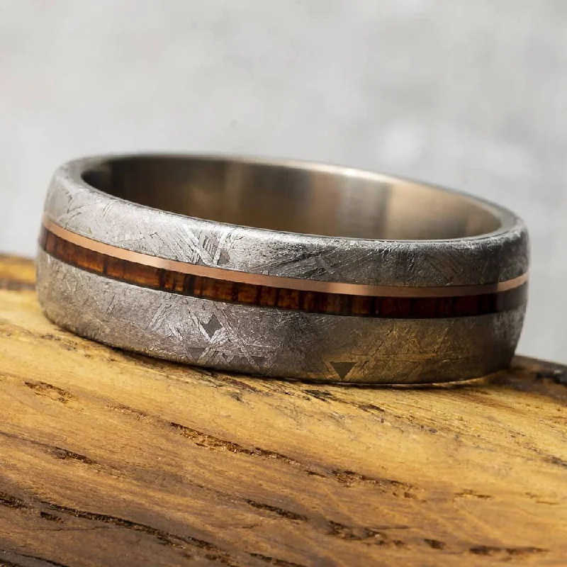 women's engagement rings cushion cut halo -Unique Meteorite & Wood Wedding Band With Gold Pinstripe