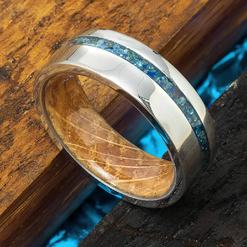 women's engagement rings cushion cut -Micro Blue Diamond Wedding Band with Whiskey Wood Sleeve