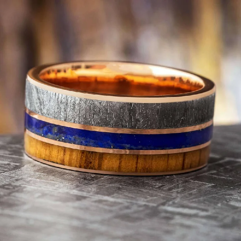 women's engagement rings rose gold band -Men's Meteorite Wedding Band with Lapis Lazuli and Oak