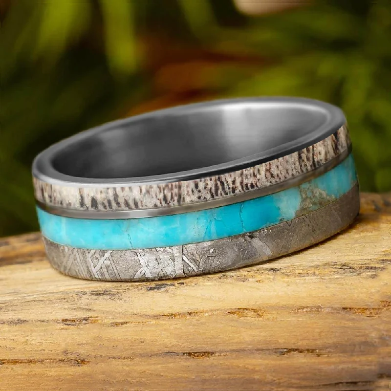 women's engagement rings custom design -Meteorite Wedding Band With Turquoise & Deer Antler