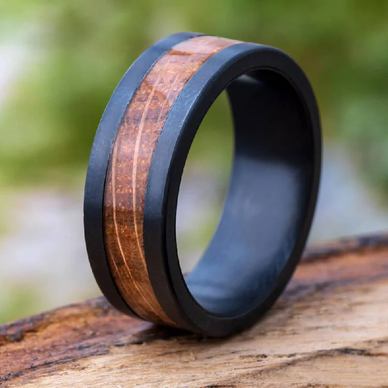 women's engagement rings best seller -Black Zirconium Wedding Band with Whiskey Barrel Oak Wood