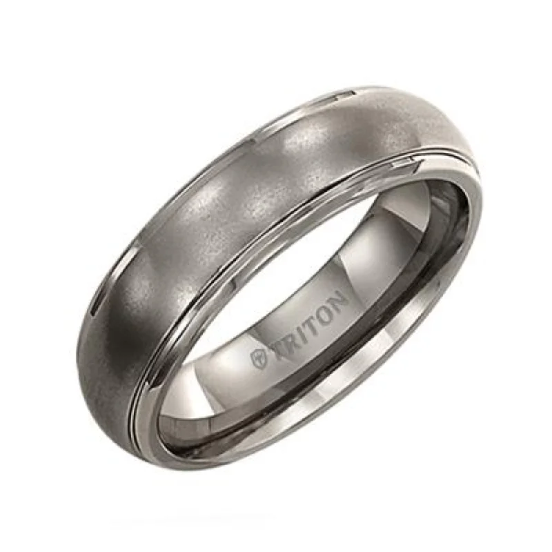 women's engagement rings high-end fashion -Men's Titanium 6mm Step Edge Dome Satin Center Wedding Band