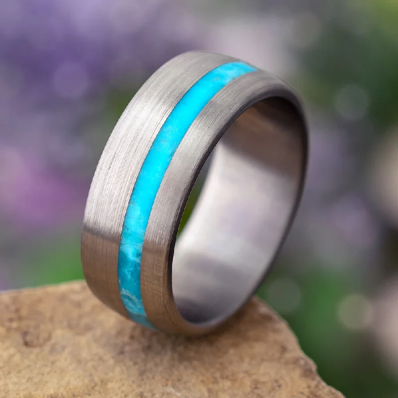 women's engagement rings minimalistic -Turquoise Wedding Band With Brushed Titanium Finish