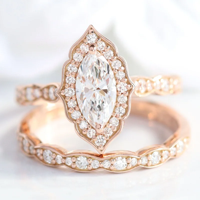 women's engagement rings custom design -Marquise Diamond Vintage Halo Ring w/ Lab Diamond and Matching Wedding Band