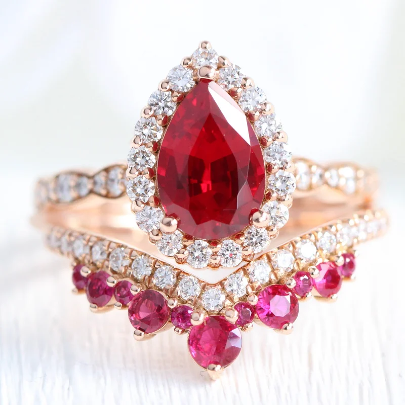 women's engagement rings sapphire center stone -Luna Halo Pear Ruby Bridal Ring Set w/ Large Tiara Diamond Ruby Wedding Band