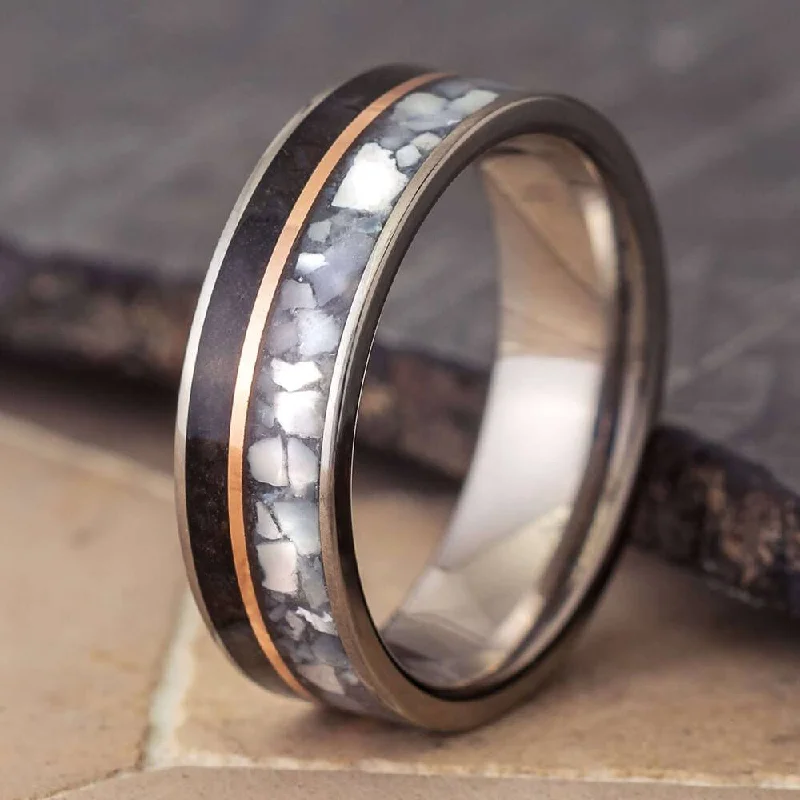 women's engagement rings mixed metal design -Dinosaur Bone Wedding Band with Mother of Pearl and Gold