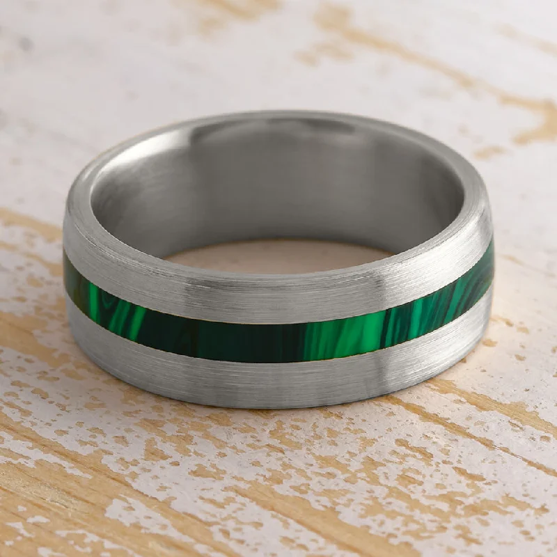 women's engagement rings floral design -Malachite Ring, Brushed Titanium Wedding Band