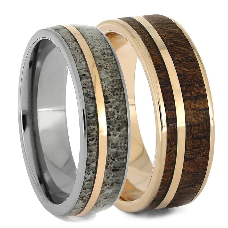 women's engagement rings princess cut -Rose Gold Wedding Band Set with Antler and Wood