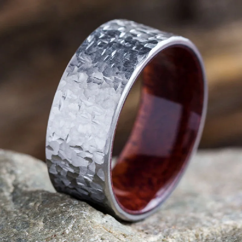 women's engagement rings cushion halo design -Hammered Titanium Wedding Band with a Mahogany Wood Sleeve