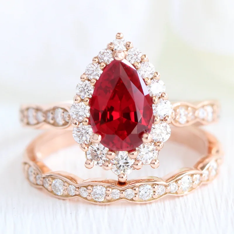 women's engagement rings ruby center stone -Large Tiara Halo Pear Ruby Ring Set w/ Scalloped Diamond Wedding Band