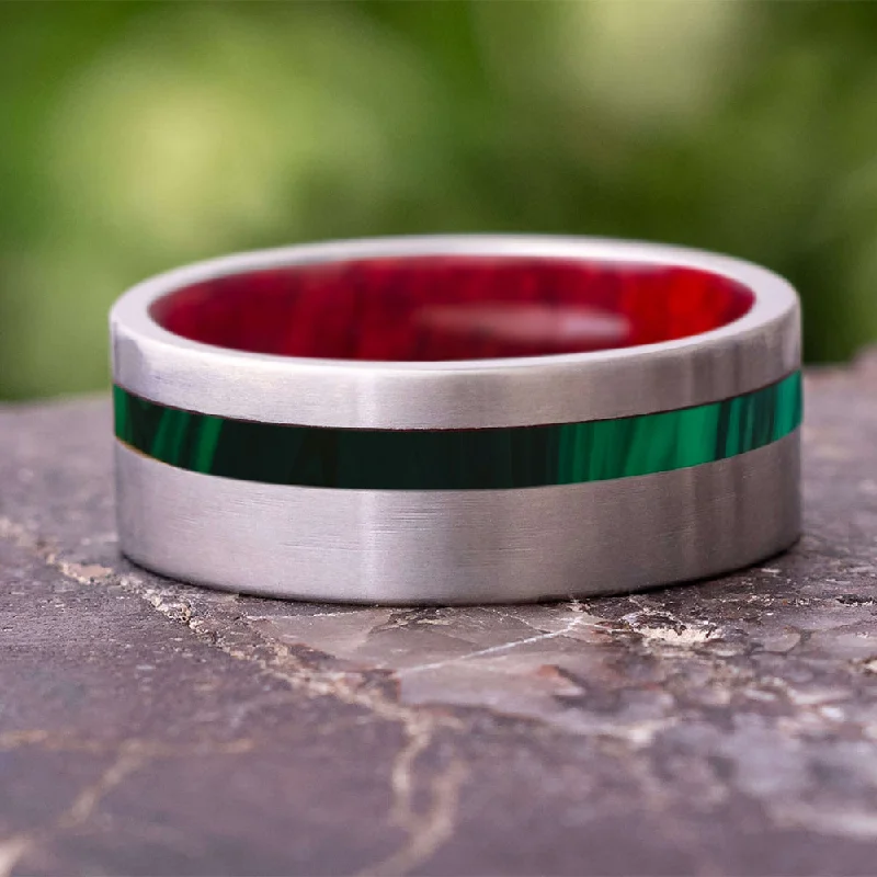 women's engagement rings unique band design -Green Men's Wedding Band with Malachite and Crimson Wood