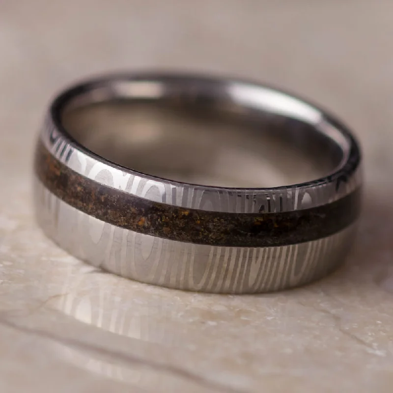 women's engagement rings with twist band -Damascus Steel Men's Wedding Band With Crushed Dinosaur Bone