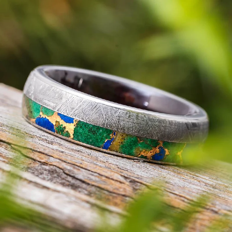 women's engagement rings butterfly design -Meteorite Wedding Band with Desert Mosaic Turquoise and Wood Sleeve